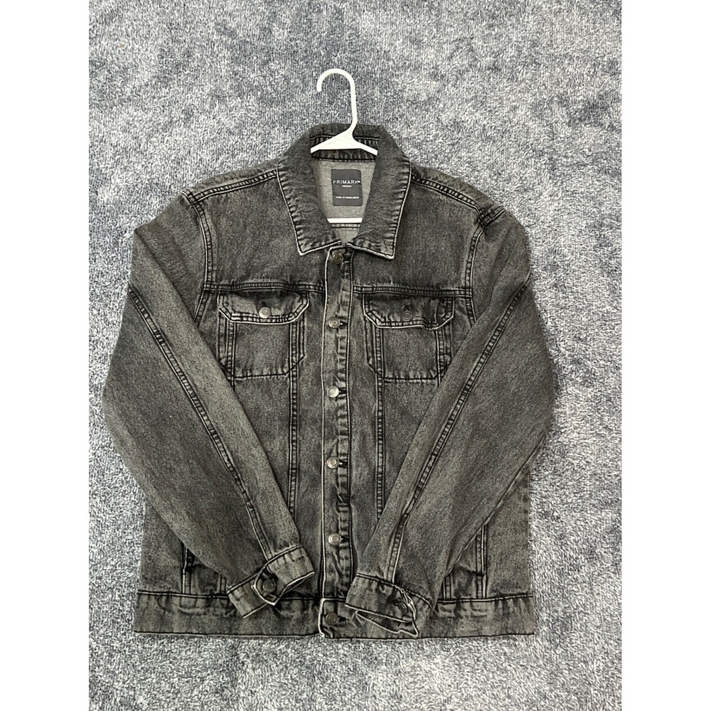 Primark Mens Washed Black Denim Trucker Jacket Medium 100% Cotton Gray Jean Coat